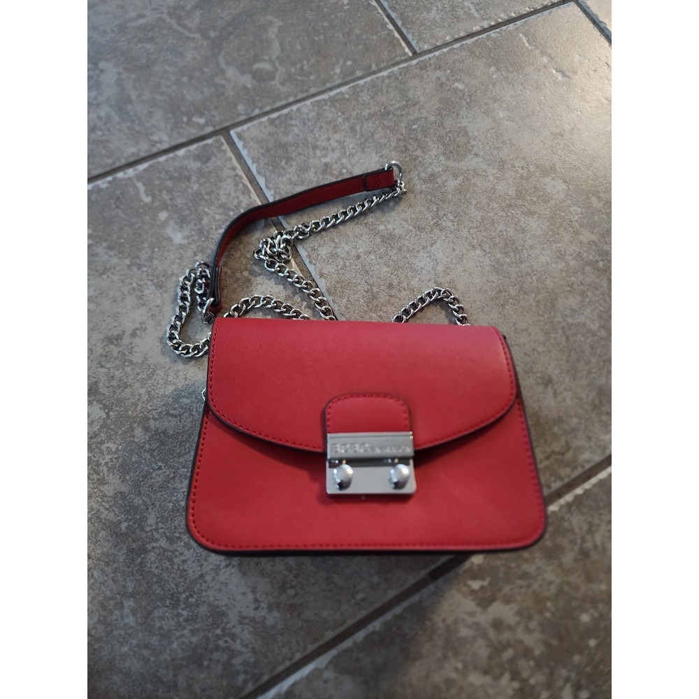 BCBGeneration Red Faux Leather Crossbody Bag Silver Chain Strap Flap Top Handbag
